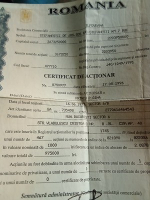 Certificat de acționar din 1996 foto