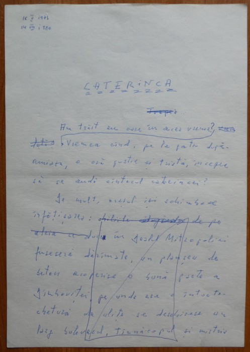 Manuscris olograf Geo Bogza, Caterinca, 7 pagini, 1980