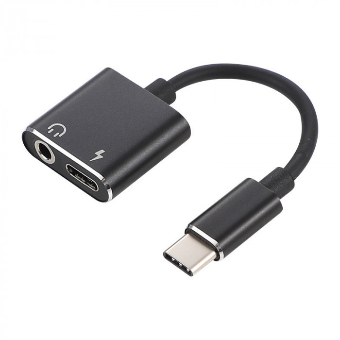 Cablu adaptor USB Type C tata - Jack 3.5 mm mama STEREO si USB Type C mama 7cm Well