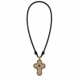 Cumpara ieftin Colier crestin auriu-crem 42 cm cu cruce 3,9 x 2,4 cm din lemn si metal auriu, pandantiv 2 fete inscriptionat, snur negru reglabil