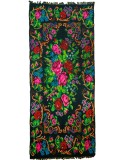 Covor / scoarță vintage din l&acirc;nă 180&times;408, țesut la război, model floral (trandafiri) pe fundal negru, cu franjuri