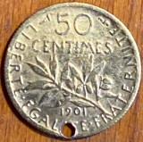 FRANTA 50 CENTIMES 1901(A TREIA REPUBLICA)ARGINT AURIT/ARGINT(.835)/2,5g./18,2mm, Europa