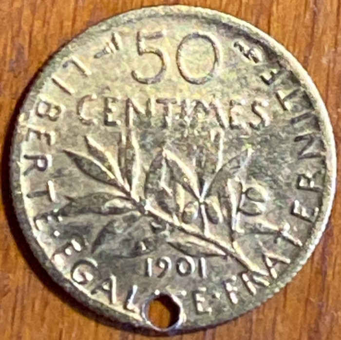 FRANTA 50 CENTIMES 1901(A TREIA REPUBLICA)ARGINT AURIT/ARGINT(.835)/2,5g./18,2mm