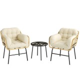 Outsunny Set mobilier exterior 3 piese din rășină &icirc;mpletită, masă din sticlă securizată, 2 fotolii cu perne, 62x73x79cm, Kaki | Aosom Romania
