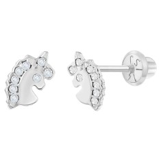 Cercei din Aur Alb 14k Unicorn Stralucitori cu Zirconiu Cubic Transparent pentru Copii &ndash; Inchidere Sigura cu Surub