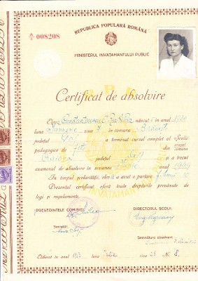 QW13 13 - 1953 - certificat absolvire Scoala pedagogica de fete RPR - fiscalizat foto