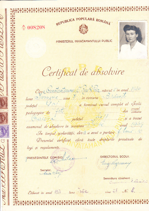 M3 C18 - 1953 - Certificat absolvire Scoala pedagogica de fete RPR - fiscalizata