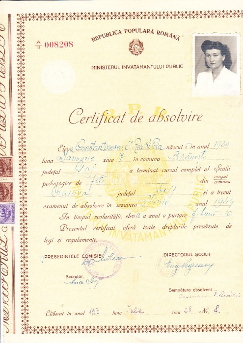 QW13 13 - 1953 - certificat absolvire Scoala pedagogica de fete RPR - fiscalizat
