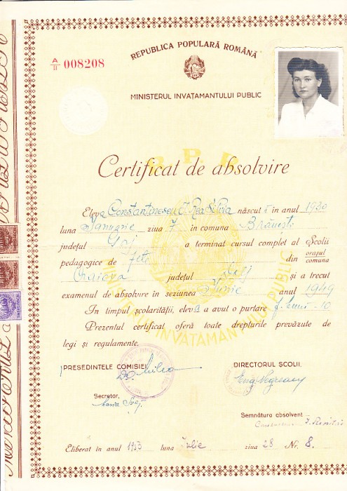 M3 C18 - 1953 - Certificat absolvire Scoala pedagogica de fete RPR - fiscalizata