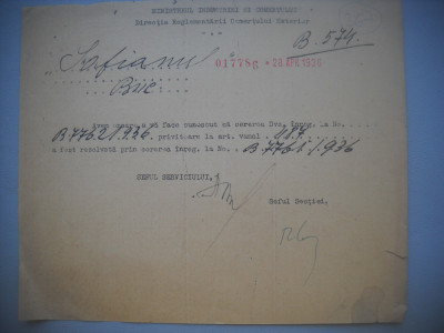 HOPCT DOCUMENT VECHI 367 MINISTERUL INDUSTRIEI COMERT EXTERIOR /BUCURESTI 1936 foto