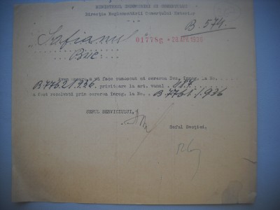 HOPCT DOCUMENT VECHI 367 MINISTERUL INDUSTRIEI COMERT EXTERIOR /BUCURESTI 1936 foto