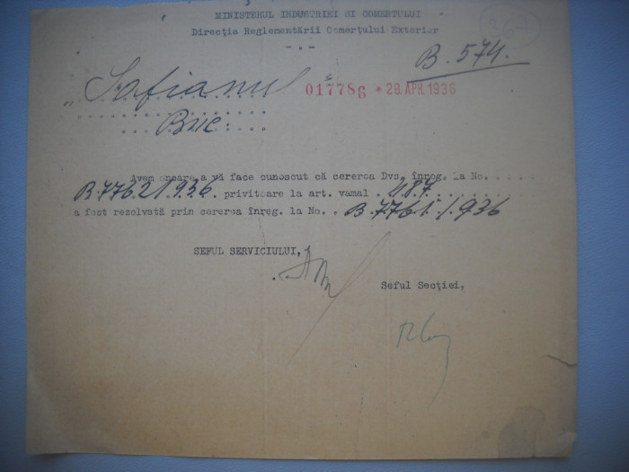 HOPCT DOCUMENT VECHI 367 MINISTERUL INDUSTRIEI COMERT EXTERIOR /BUCURESTI 1936