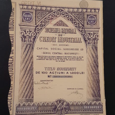 Actiune 1945 Soc. nationala de credit industrial / titlu de 100 actiuni