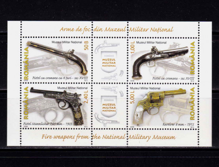 RO 2008 LP 1794 c&quot;Arme de foc din Muzeul Nat. Militar&quot;, bloc colita 418 I , MNH