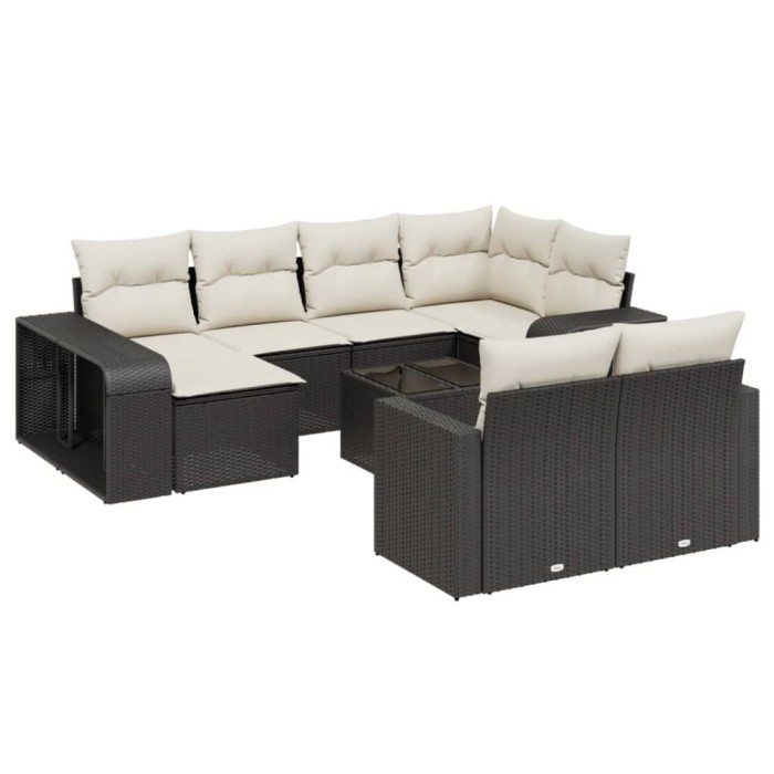 Set canapele de gradina cu perne, 11 piese, negru, poliratan