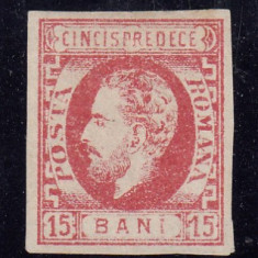 ROMANIA 1872 LP 32 REGELE CAROL I CU BARBA 15 BANI ROSU GUMA ORIGINALA SARNIERA