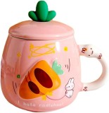 Cana cu capac si lingurita, design iepuras,crem-roz,ceramica,500 ml