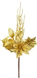 Crenguta decorativa de Craciun aurie cu floare si frunze, 24 cm