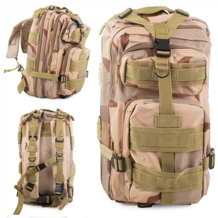 Rucsac tactic militar, Capacitate 30L, Impermeabil, Nuante Bej Camuflaj, 43x24x25 cm