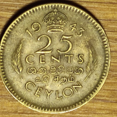 Ceylon - moneda coloniala rara - 25 cents 1943 - George VI - an unic de batere !