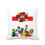 Perna personalizata decorativa copii, 40x40 cm, alba, cu LEGO