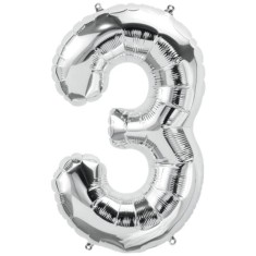 Balon din folie metalizata, Cifra 3, aniversare, 80 cm, Argintiu