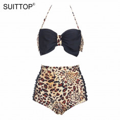 Costum de baie pin up cu talia inalta cu funda animal print leopard foto