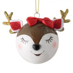 Ornament Brad Crăciun, Glob Cerb 3D, Glitter Auriu, Funda Roșie, 7.5cm