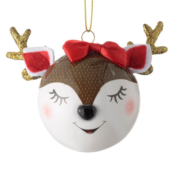 Ornament Brad Crăciun, Glob Cerb 3D, Glitter Auriu, Funda Roșie, 7.5cm