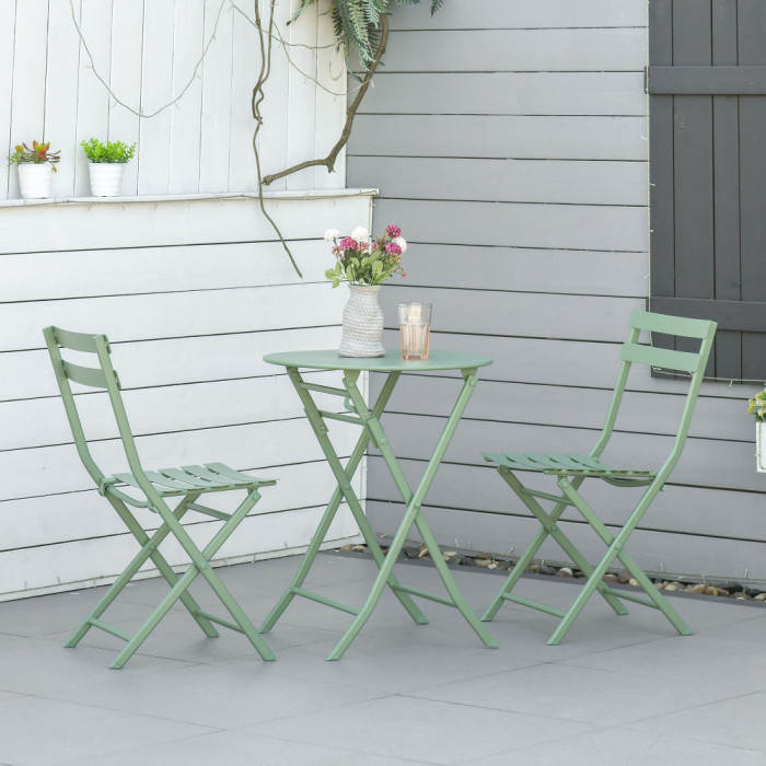 Outsunny Set de Gradina Pliabil de 3 Piese din Otel, 2 Scaune 42x50x81 cm si Masa de Gradina &Oslash;60x71 cm, Verde