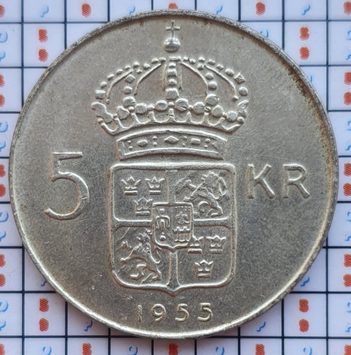 Suedia 5 kronor 1955 argint - Gustaf VI Adolf - km 829 - D58801