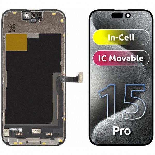 Display cu Touchscreen JK pentru Apple iPhone 15 Pro, cu Rama, Versiune LCD In-Cell IC Movable, Negru