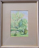 Peisaj cu pădure, semnată &icirc;n monogramă, guaşă şi pastel