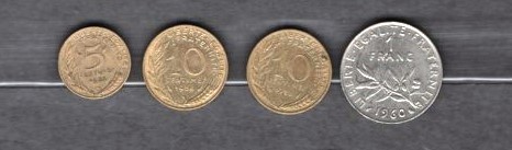 FRANTA - LOT 4 MONEDE 5, 10, CENTIMES, 1 FRANC (5)