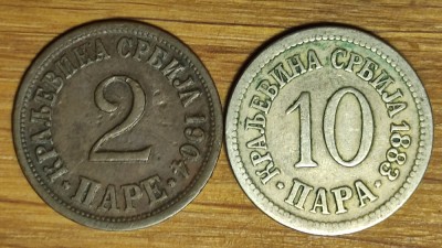 Serbia regat - set colectie superb - 2 + 10 para pare 1883 &amp;amp; 1904 an unic batere foto