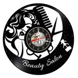 Ceas de perete decorativ realizat din disc de vinil, Model Beauty Salon / Coafura si Stilism, Negru, 30 cm