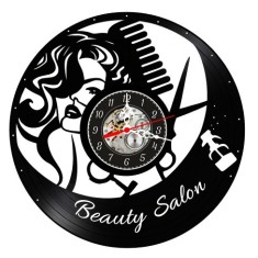 Ceas de perete decorativ realizat din disc de vinil, Model Beauty Salon / Coafura si Stilism, Negru, 30 cm