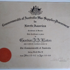 Diploma veche de merit excelenta militara Australia razboi mondial WW2 1942