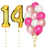 Set 14 Baloane Aniversare 14 Ani Fata Roz Rose Gold, 2 Baloane Folie Cifra Aurii 81cm + 12 Latex 30cm, Ropet