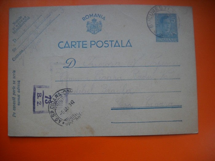 HOPCT CARTE POSTALA NR 515 R -CENZURAT BUCURESTI - ANUL 1942 / TIMBRUL FIX REGELE MIHAI -STAMPILOGRAFIE -CIRCULATA