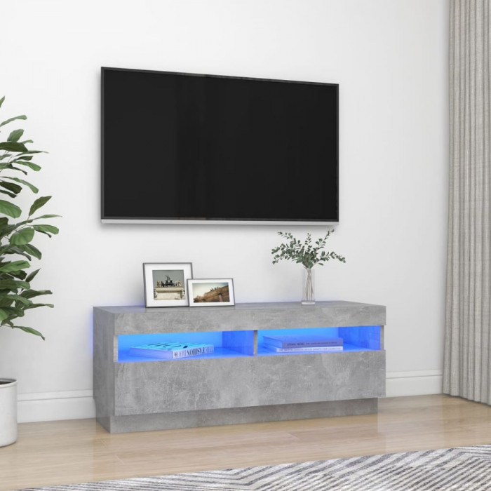 Comodă TV cu lumini LED, gri beton, 100x35x40 cm