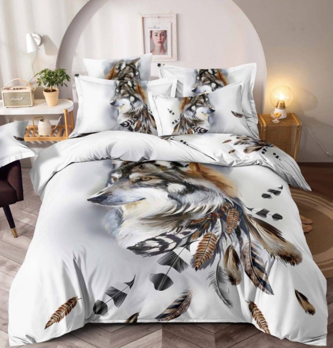 Lenjerie pat dublu 3D,bumbac finet,6 piese,cearceaf de pat normal,alba,imprimeu cu lup-A1021