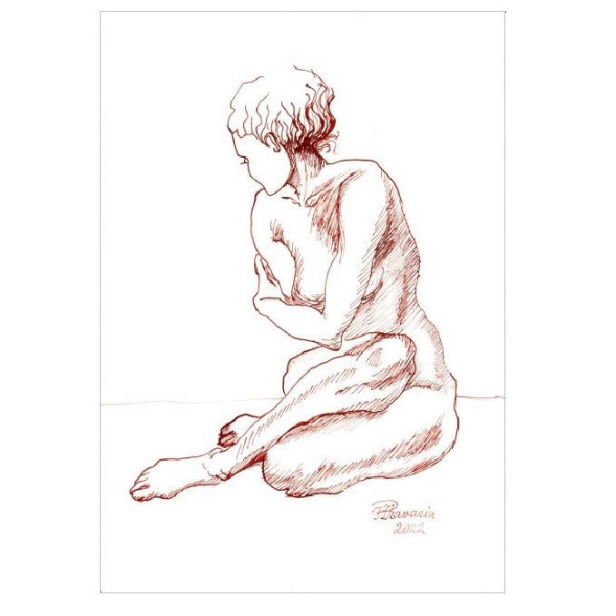 E43. Tablou, Nud femeie, realizat 2022, tehnica sanguina, A4 neinramat, 21x29cm