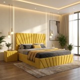 Pat Tapitat Leon Galben Catifea Premium Cu Noptiere Tapitate ✔Model elegant