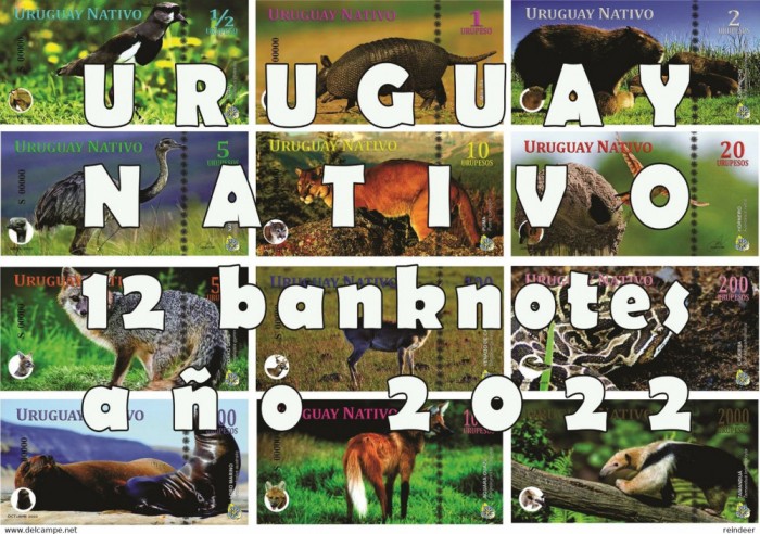 !!! X.X.RARR : URUGUAY - FANTASY NOTES - FAUNA NATIVA , LOT COMPLET 12 BUC - UNC / SERIA S00000 / 16 x 8 CM