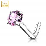 Piercing curbat, pentru nas, aur alb 585 - zircon rotund, culoare roz, montură, 0,8 mm