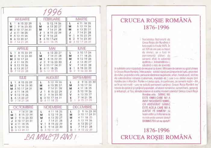 bnk cld Calendar de buzunar 1996 - Crucea Rosie