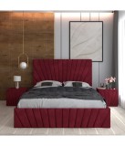 Pat Tapitat Toma Visiniu + Saltea Lux Ortopedica + Noptiere Tapitate 140x200cm