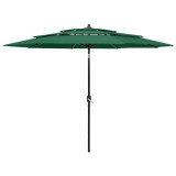 VidaXL Umbrelă de soare 3 niveluri, st&acirc;lp de aluminiu, verde, 3 m