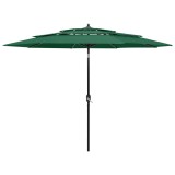 VidaXL Umbrelă de soare 3 niveluri, st&acirc;lp de aluminiu, verde, 3 m